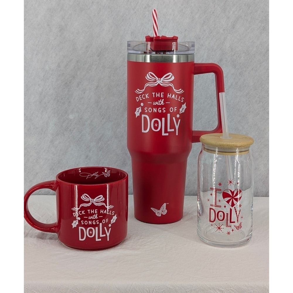 New 3 Piece Dolly Parton‎ Christmas Drinkware Set Tumbler Mug Drinking Glass